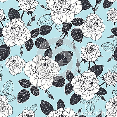 Vector vintage pastel blue, black, and white roses and leaves seamless repeat pattern. Great for retro fabric, wallpaper Vector Illustration