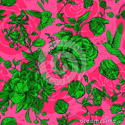 Vector vintage pattern with roses and peonies. Retro floral wallpaper, colorful backdrop Vector Illustration