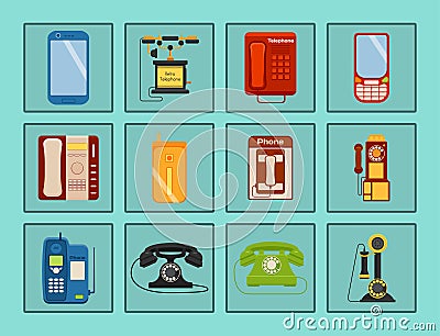 Vector vintage phones retro lod telephone call number connection device technology telephonic illustration Vector Illustration