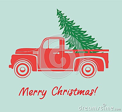 Vector vintage pickup truck delivery of christmas tree Vector Illustration