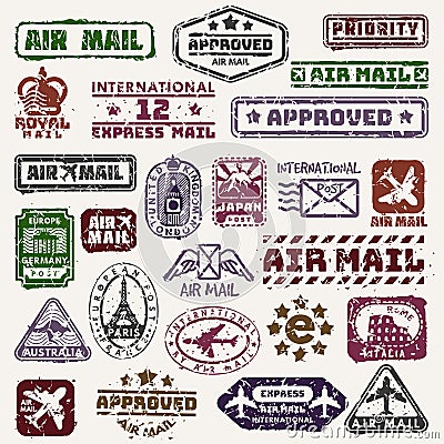 Vector vintage postage mail stamps retro delivery badge plane, train transport stickers collection grunge stamps print Vector Illustration