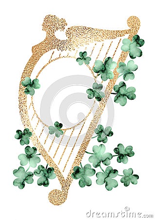 Vintage Saint Patrick`s Day frame with harp and shamrock. Vector Illustration