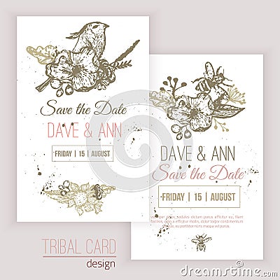 Vector vintage save the date set with flowers, bee Vector Illustration