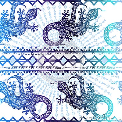 Vector vintage seamless ethnic pattern image lizards and lines Vector Illustration