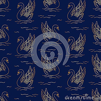 Vector vintage seamless pattern with gold glitter outline swan silhouettes on blue lake background Vector Illustration