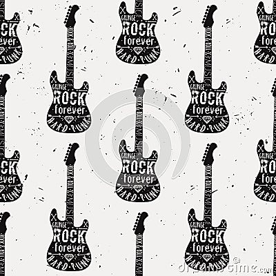 Vector vintage seamless pattern with guitar, diamond, bones Vector Illustration