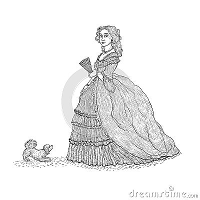 Vector vintage sketch illustration imitating engraving. Gentlewoman Victorian epoch 19th century. The lady in the rich Vector Illustration