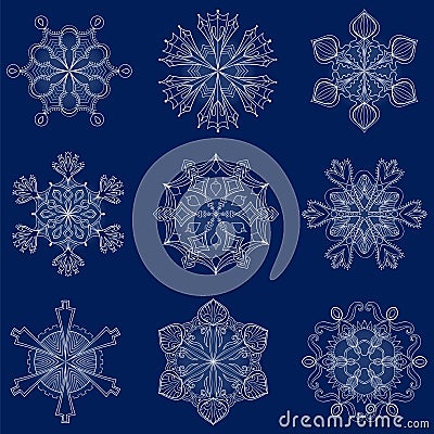Vector vintage snowflake set in zentangle style. 9 original isolated snow flakes for Christmas, New Year decoration. Hand drawn d Vector Illustration