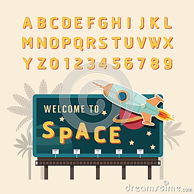 Vector vintage space rocket billboard sign, vintage signboard, v Vector Illustration