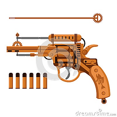 Vector vintage steampunk style pistol with cartridges. Illustration of a set of weapons Vector Illustration