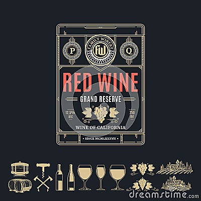 Vector vintage thin line style red wine label Vector Illustration