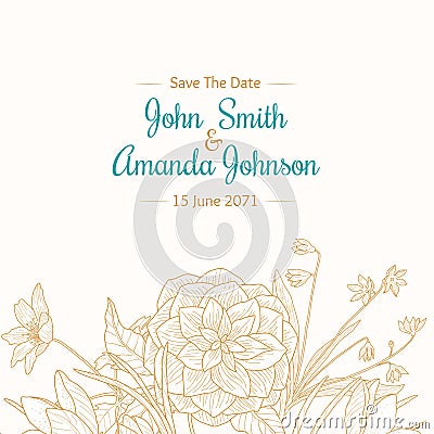 Vector Vintage Turquoise Light Brown Border Frame Floral Drawing Wedding Invitation Card With Stylish Flowers and Text Vector Illustration