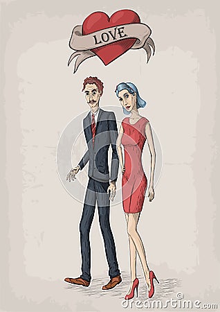 Vector vintage valentine color illustration of couple in love yo Vector Illustration