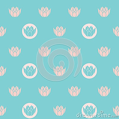 Vector Vintage Water Lilies in Circles on Turquoise seamless pattern background. Vector Illustration