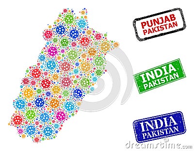 Distress India Pakistan Badges and Colored Viral Punjab Province Map Collage Vector Illustration