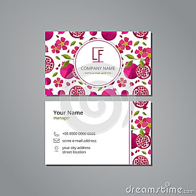 Vector visit card template with pattern pomegranate and flower Vector Illustration