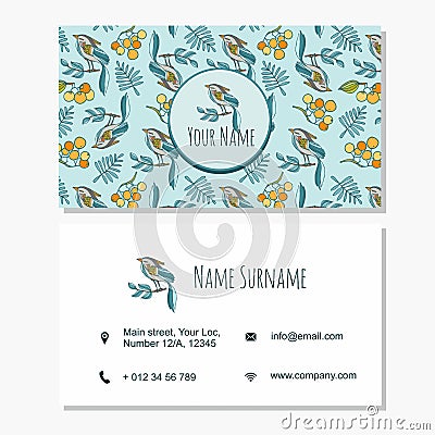 Vector visiting business set template with cute hand drawn pattern birds and rowan. Restaurant, cafe or boutique branding element Vector Illustration