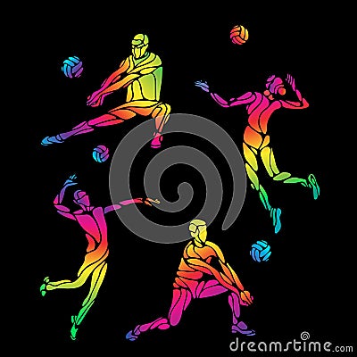 Vector volleyball silhouettes rainbow collection Vector Illustration