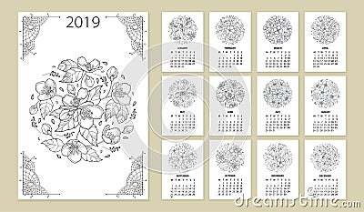 Vector wall calendar for 2019 year with outline round flower bouquet in black. Cover with ornate Jasmine flower bunch. Vector Illustration