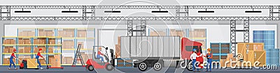 Vector Warehouse interior with workers arranging goods on the shelves and dip boxes into a truck. Warehouse modern Vector Illustration