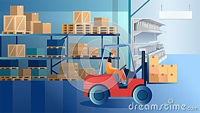 Vector of a warehouse worker operating a forklift machine loading cardboard boxes Stock Photo
