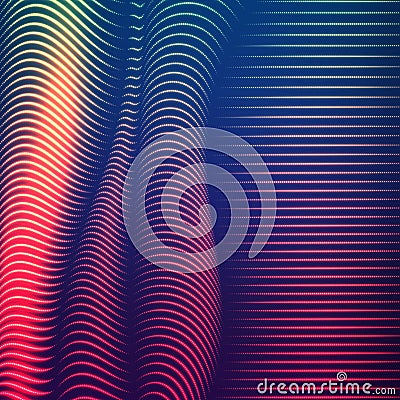 Vector warped dotted lines background. Flexible stripes of shining points twisted as silk forming volumetric folds. Vector Illustration