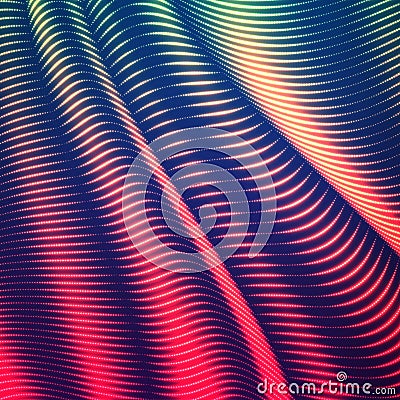 Vector warped dotted lines background. Flexible stripes of shining points twisted as silk forming volumetric folds. Vector Illustration