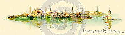 Vector water color illustration panoramic istanbul view Vector Illustration