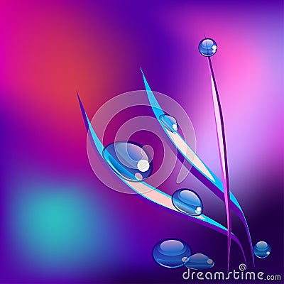 Vector water drops on blade of grass. Purple background Vector Illustration