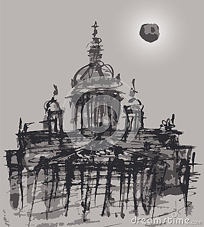 Vector watercolor abstract brush drawing of ancient cathedral in moonlit night Vector Illustration