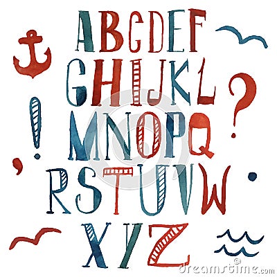 Vector watercolor alphabet in marine style. Vector Illustration