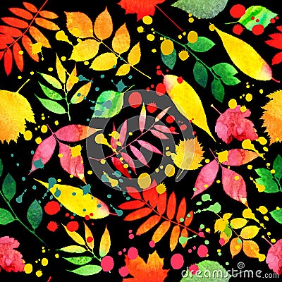 Vector watercolor autumn leaves collection in brught color. seamless pattern. Vector Illustration