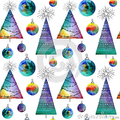 Vector watercolor balls and christmas tree seamless pattern With hand drawn elementss. Can be used for web pages Vector Illustration