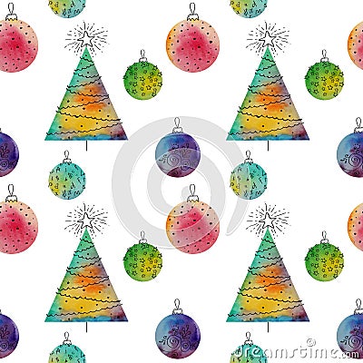 Vector watercolor balls and christmas tree seamless pattern With hand drawn elementss. Can be used for web pages Vector Illustration