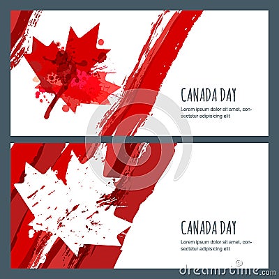 Vector watercolor banners and backgrounds. 1st of July, Happy Canada Day. Watercolor hand drawn canadian flag with maple leaf. Vector Illustration
