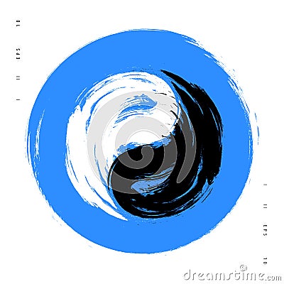 Vector watercolor brush yin yang symbol of harmony and balance. Black and white on blue background illustration Vector Illustration