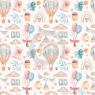 Vector watercolor childish boho pattern with toys and leaves Vector Illustration