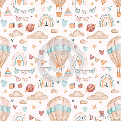 Vector watercolor childish seamless pattern with toys and leaves Vector Illustration