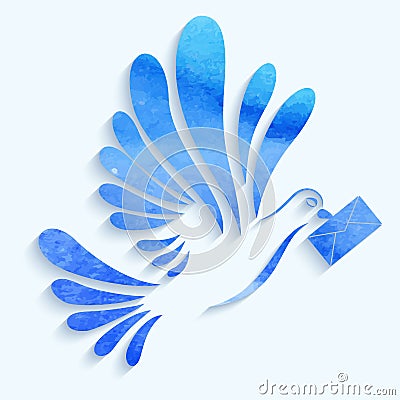 Vector watercolor dove with mail on light blue background. Vector Illustration