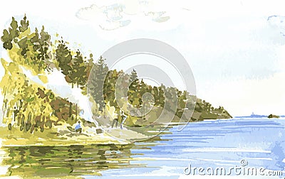 Vector watercolor drawing of landscape by lakeside in autumn morning Vector Illustration