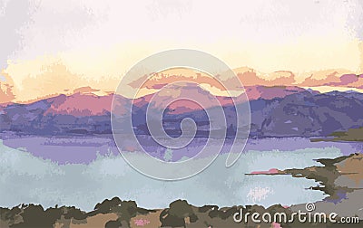 Vector watercolor drawing of landscape mountain lakeside in sunset Vector Illustration