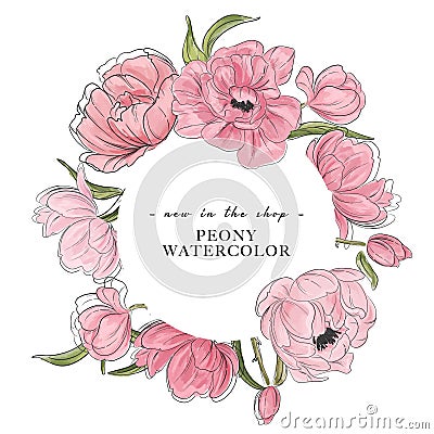 Vector watercolor flower peony hand-drawn elemetns. Floral shop, botanical boutique advertising. Spring bloom peonies wreath Vector Illustration