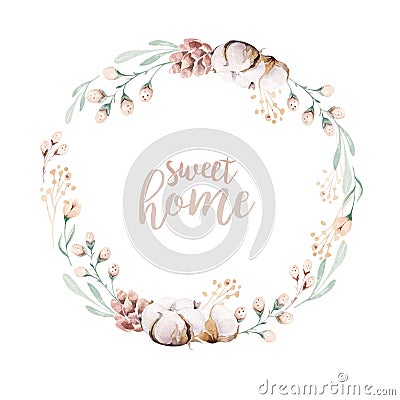 Vector watercolor flowers wreath frame. Psring decoration with protea ans cotton. Wedding decoration circle Vector Illustration