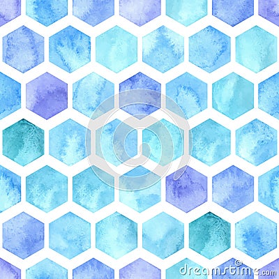 Vector Watercolor Geometric Seamless Pattern with Blue Hexagons Vector Illustration