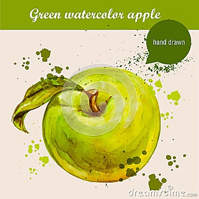 Vector watercolor hand drawn green apple with leaf and watercolor drops Vector Illustration