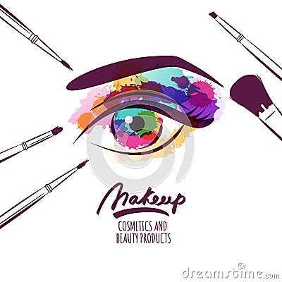 Vector watercolor hand drawn illustration of colorful womens eye and makeup brushes. Vector Illustration