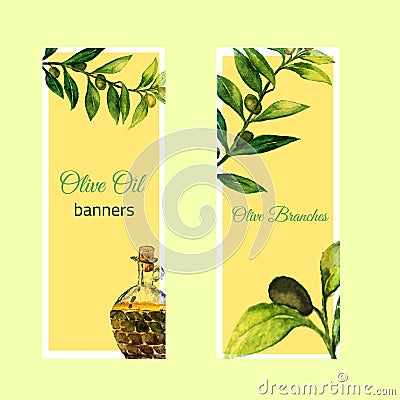 Vector watercolor hand drawn set of banners with olive branches and glass bottle. Stock Photo