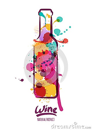 Vector watercolor illustration of colorful wine bottle and hand drawn lettering. Vector Illustration