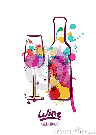 Vector watercolor illustration of colorful wine bottle and wine glass. Vector Illustration