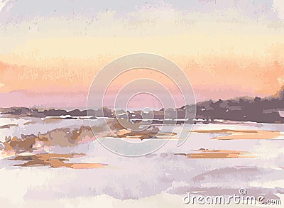 Vector watercolor landscape of frosty winter morning in countryside Vector Illustration